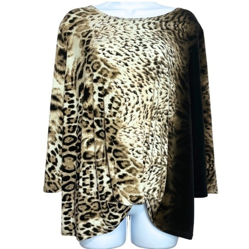 Clara Sunwoo Animal Print Top Womens Size L Black Knotted Stretch Knit Blouse